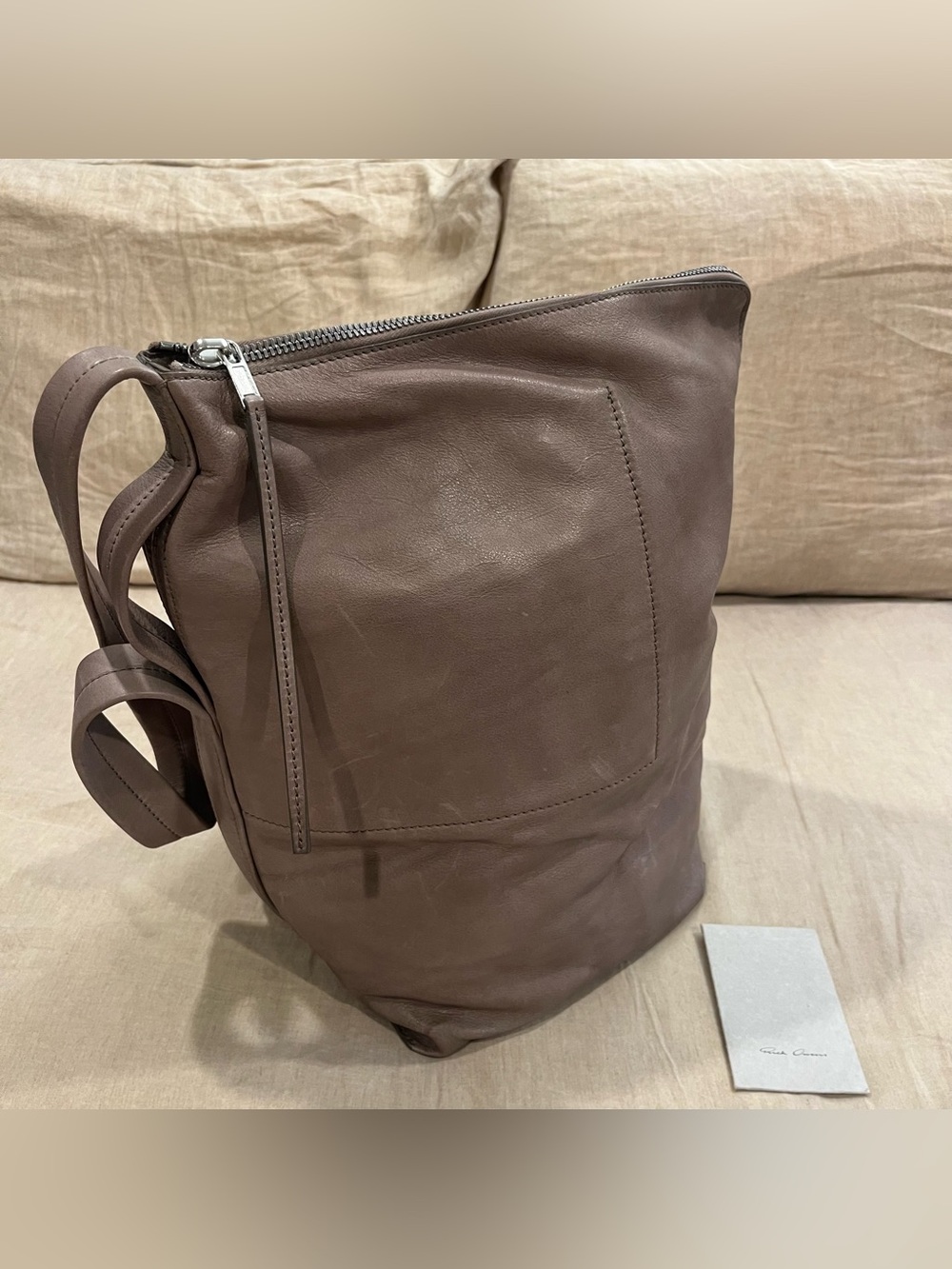 $3915 Rick Owens Dark Dust Large Distressed Leather Bucket Duffle Bag